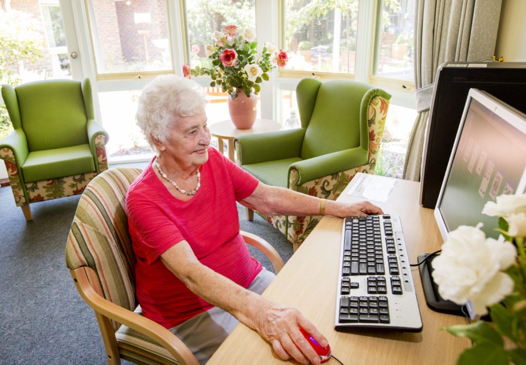 Old Lady Using Computer, Activites in Isolation, Connecting Online, Connecting Online in Isolation, Elderly Isolation, Fitness for the Elderly, Fitness in Isolation, Ideas in Isolation, Keeping Socially Engaged, mental health in the elderly, Music for the Elderly, Music in Isolation, Pets for the Elderly, Pets in Isolation